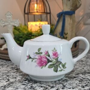 White Porcelain Teapot with Pink Rose Floral Design